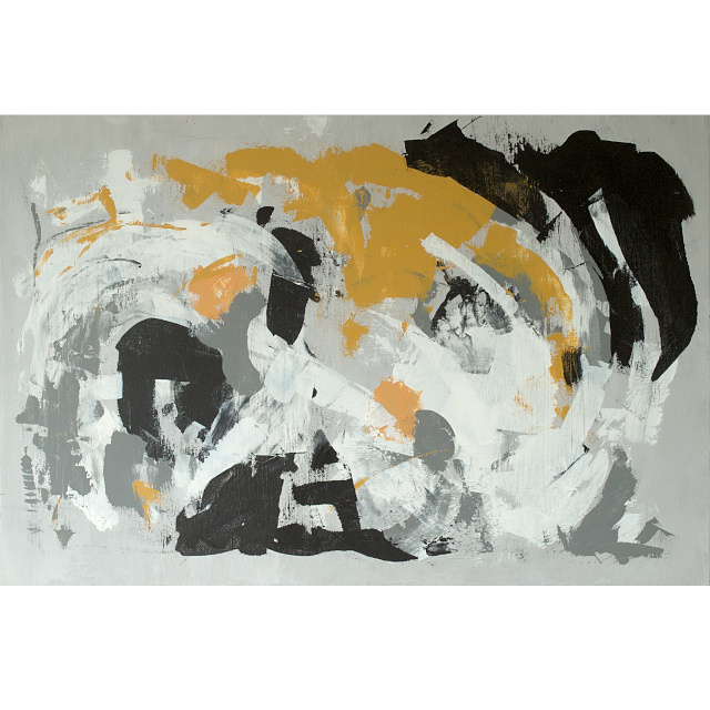 black white and yellow abstract painting on grey