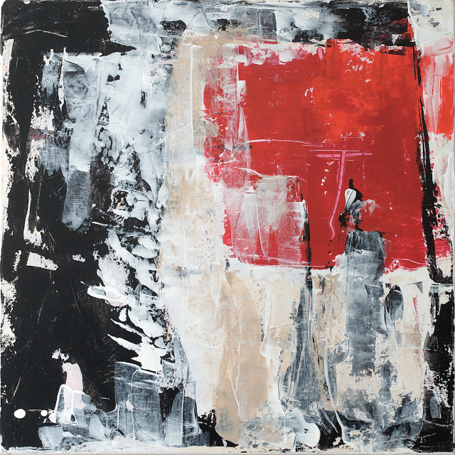 black white and red abstract painting