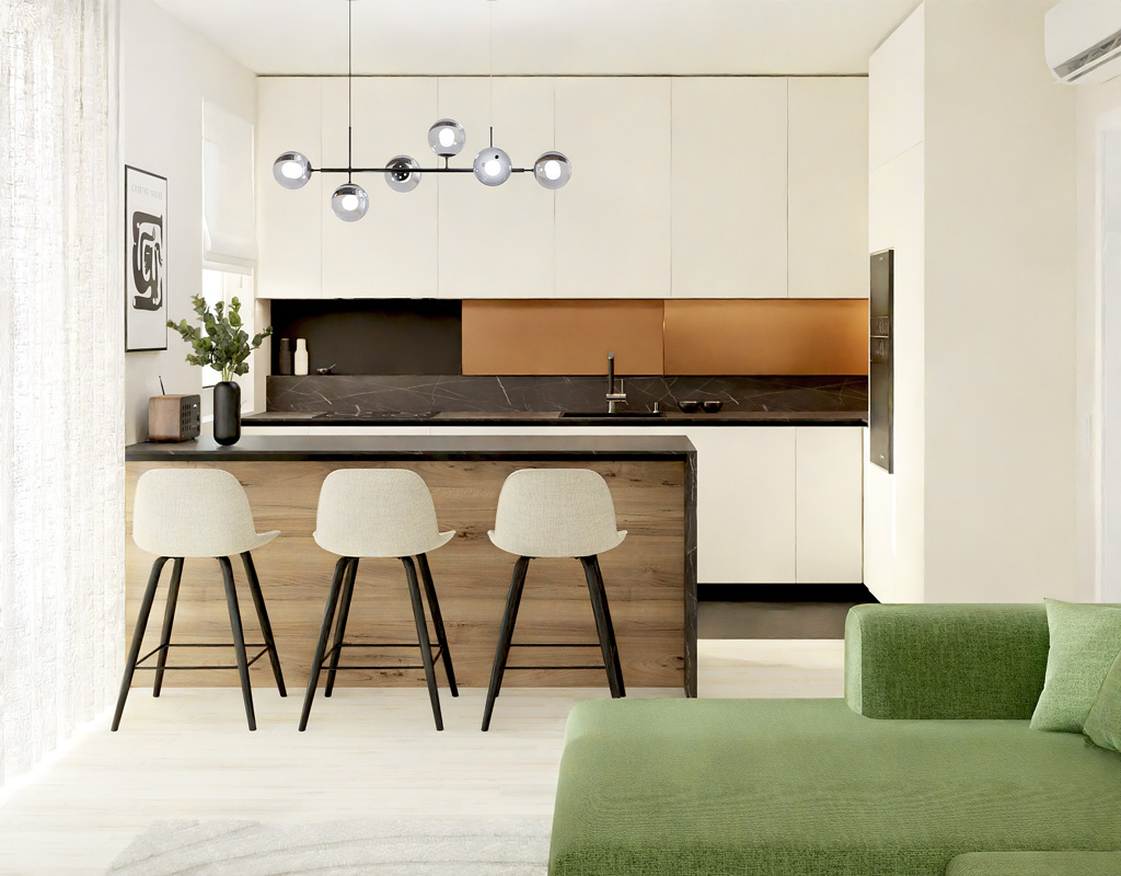 Black and white kitchen with special copper backsplash