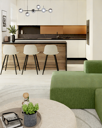 open kitchen-living room design with kitche island