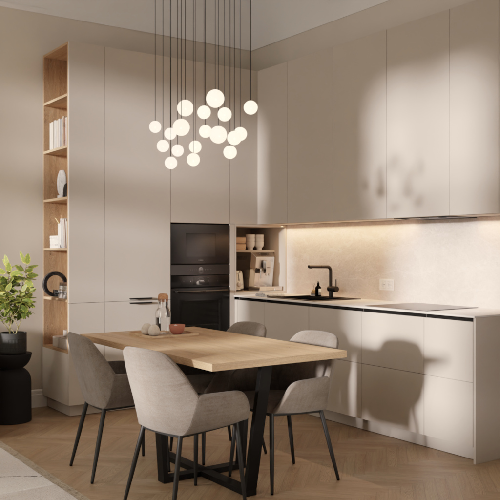 kitchen and dining area in warm minimalist style