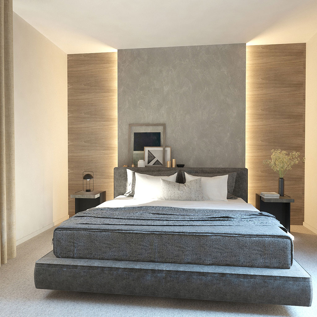 Bedroom with custom wall covering